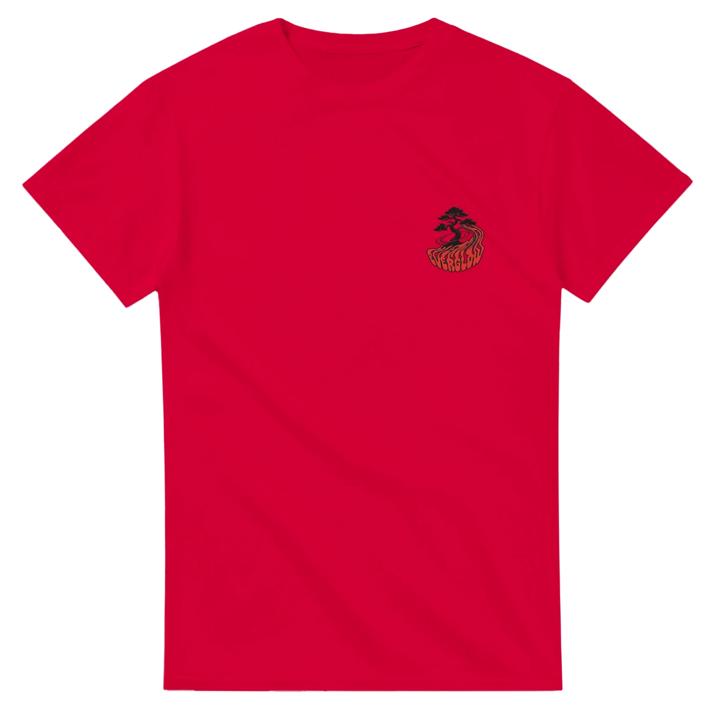 Red unisex streetwear t-shirt with small black mountain and tree nature graphic on chest