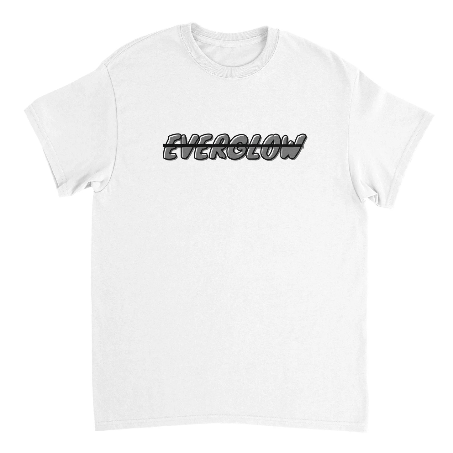 White unisex streetwear t-shirt with bold EVERGLOW text graphic across the chest