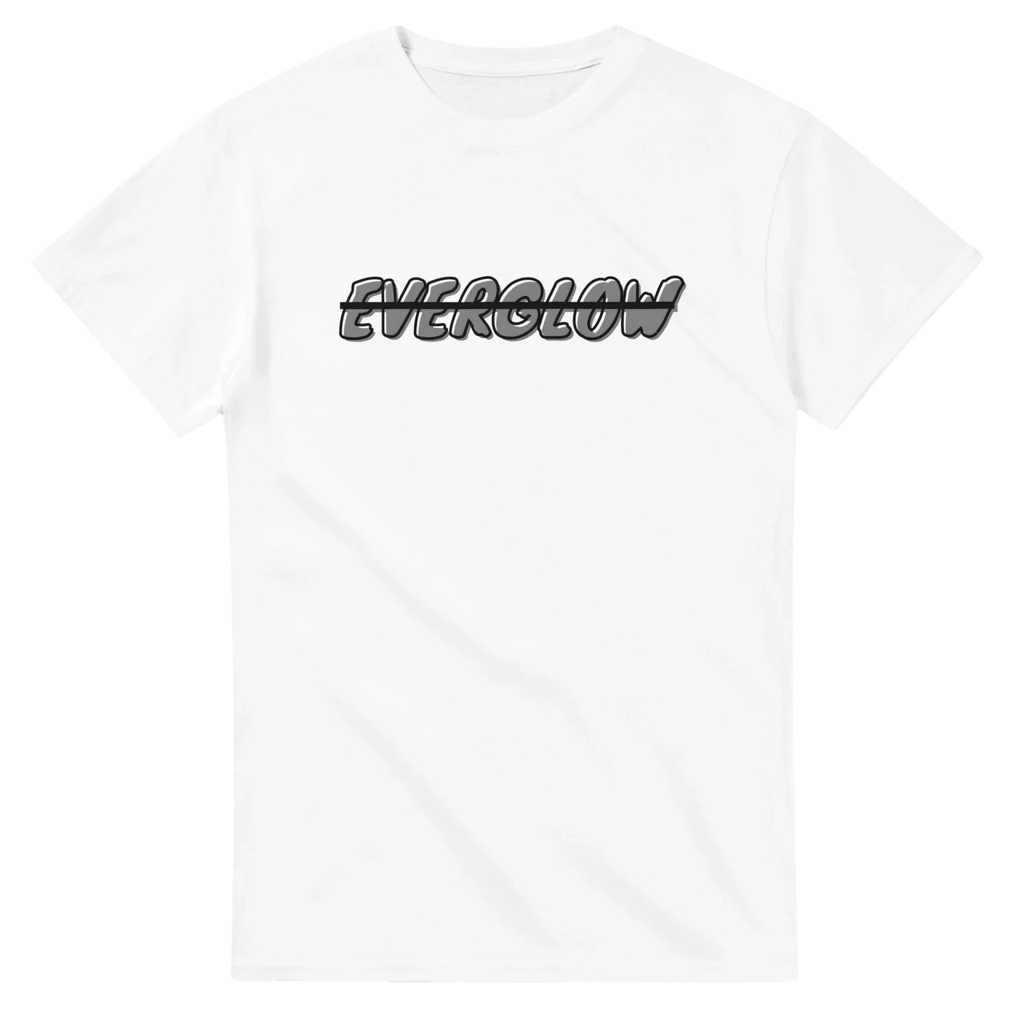 White unisex streetwear t-shirt with bold EVERGLOW text graphic on chest