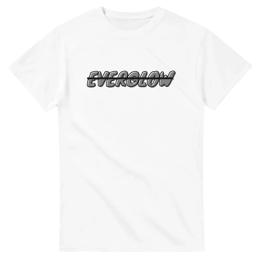 White unisex streetwear t-shirt with bold EVERGLOW text graphic on chest