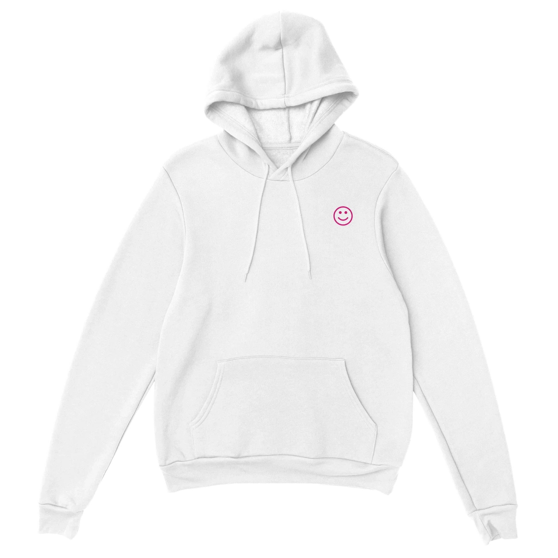White unisex hoodie with pink smiley face graphic, streetwear, front pouch pocket