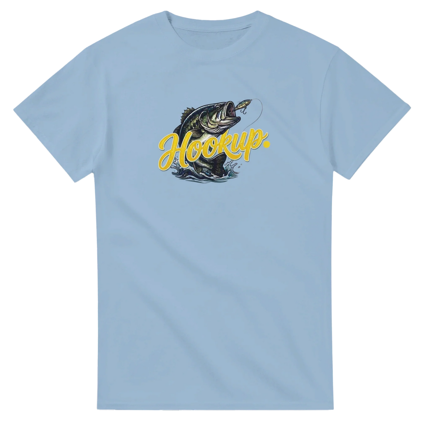 Light blue unisex t-shirt with graphic of a jumping fish, fishing hook, and 'Hookup.' text