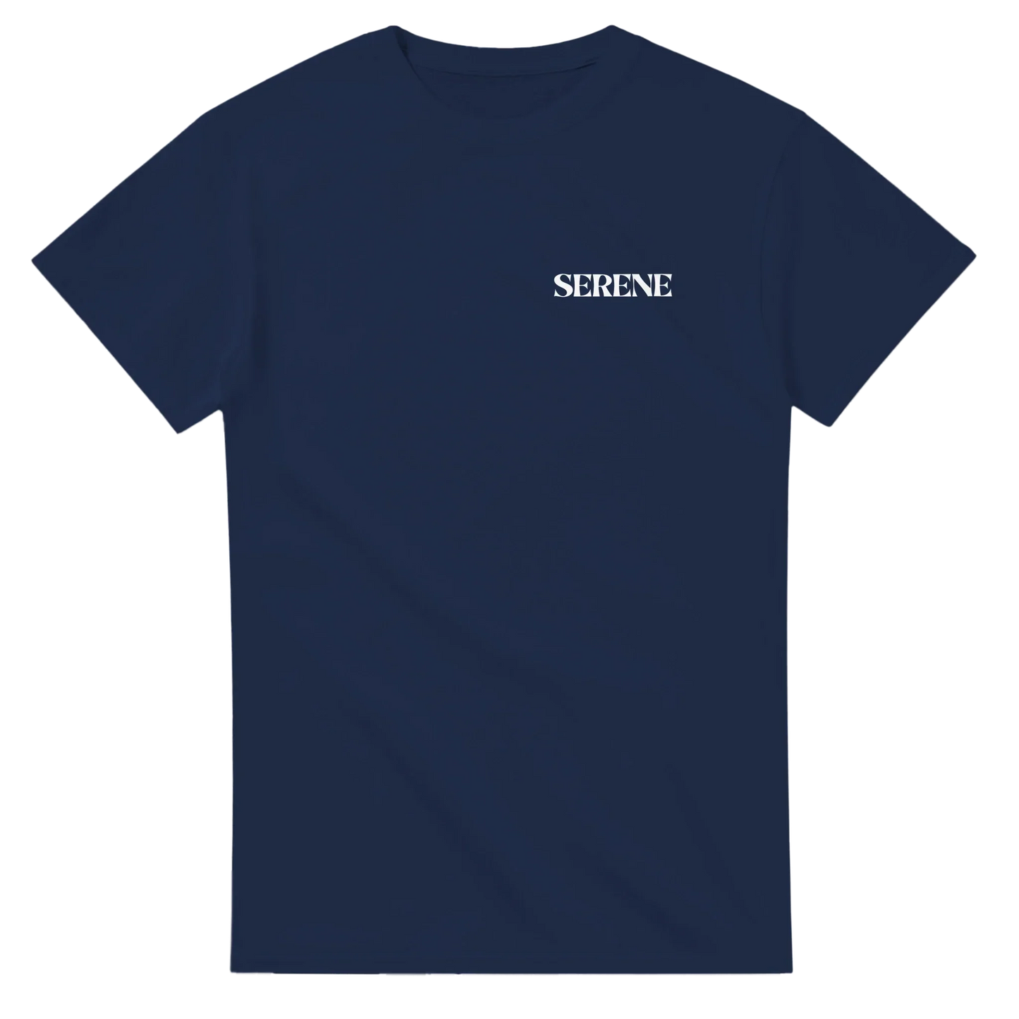 Navy blue unisex t-shirt with white 'SERENE' text on chest, minimalist streetwear style