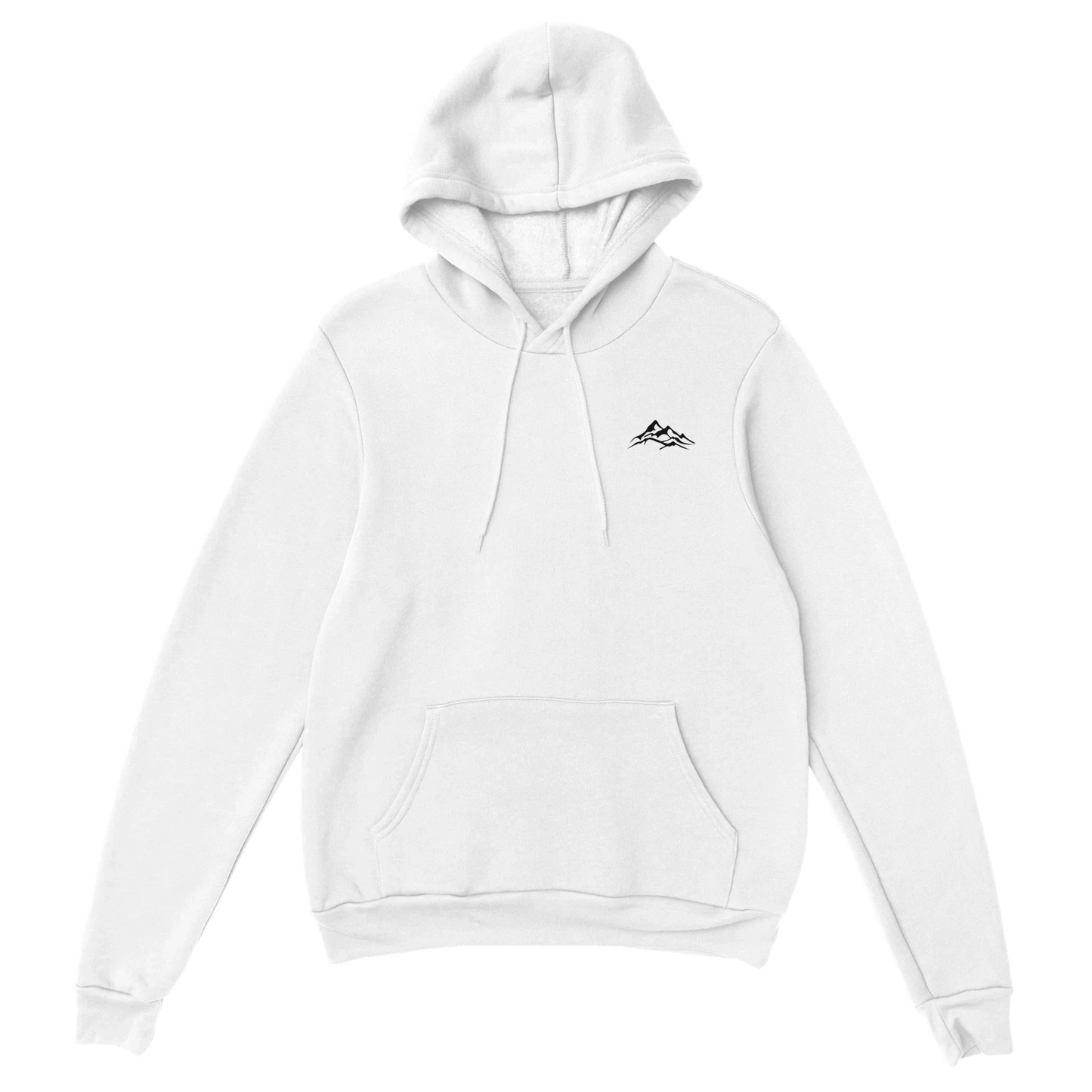 White unisex hoodie with minimalist black mountain graphic on chest, streetwear style
