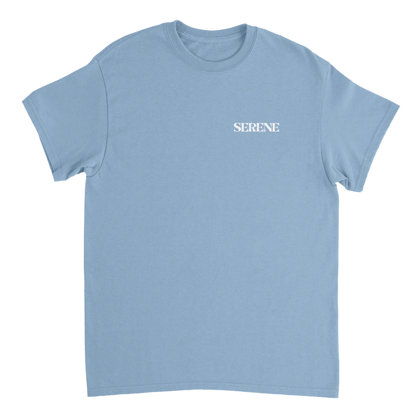 Light blue unisex streetwear t-shirt with 'SERENE' text on chest, minimalist style