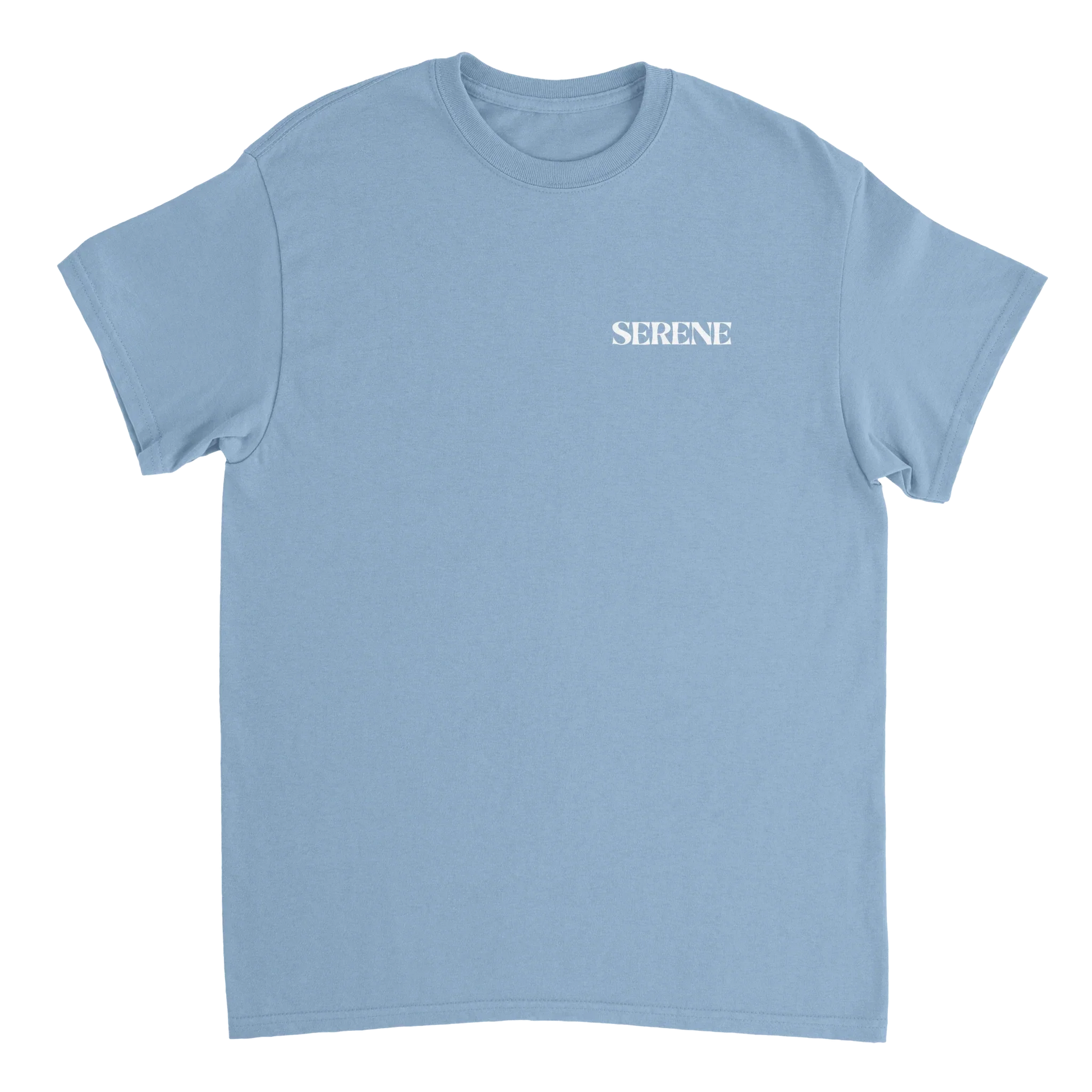 Light blue unisex streetwear t-shirt with 'SERENE' text on chest, minimalist style
