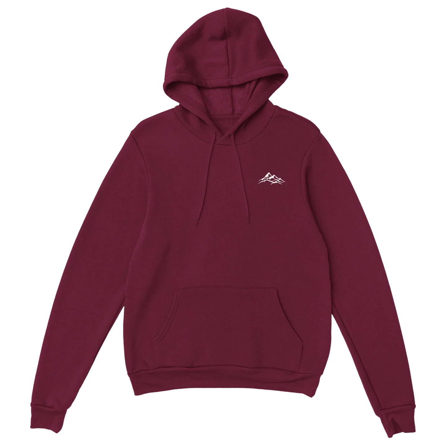 Maroon unisex hoodie with mountain graphic, nature-inspired streetwear, front pouch pocket
