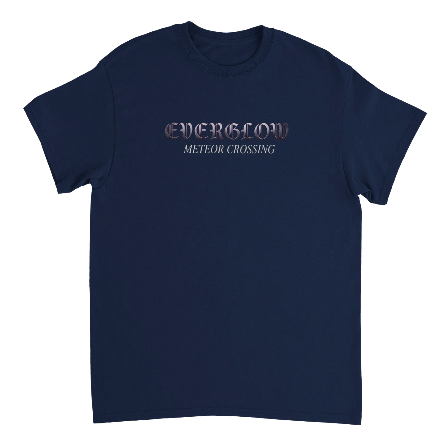 Navy blue unisex t-shirt with 'EVERGLOW METEOR CROSSING' text graphic on front.