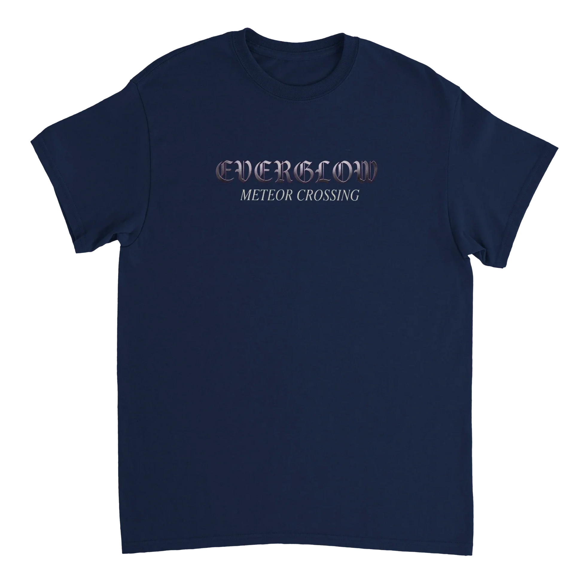 Navy blue unisex t-shirt with 'EVERGLOW METEOR CROSSING' text graphic on front.