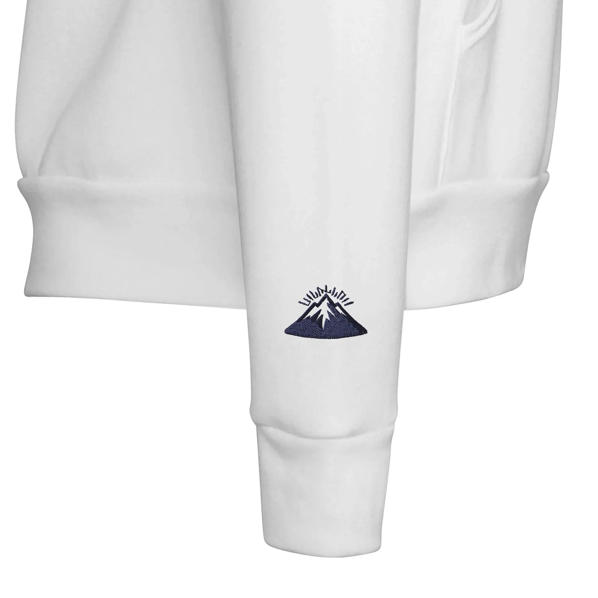 White sweatshirt sleeve with navy mountain and sun embroidery, unisex outdoor streetwear