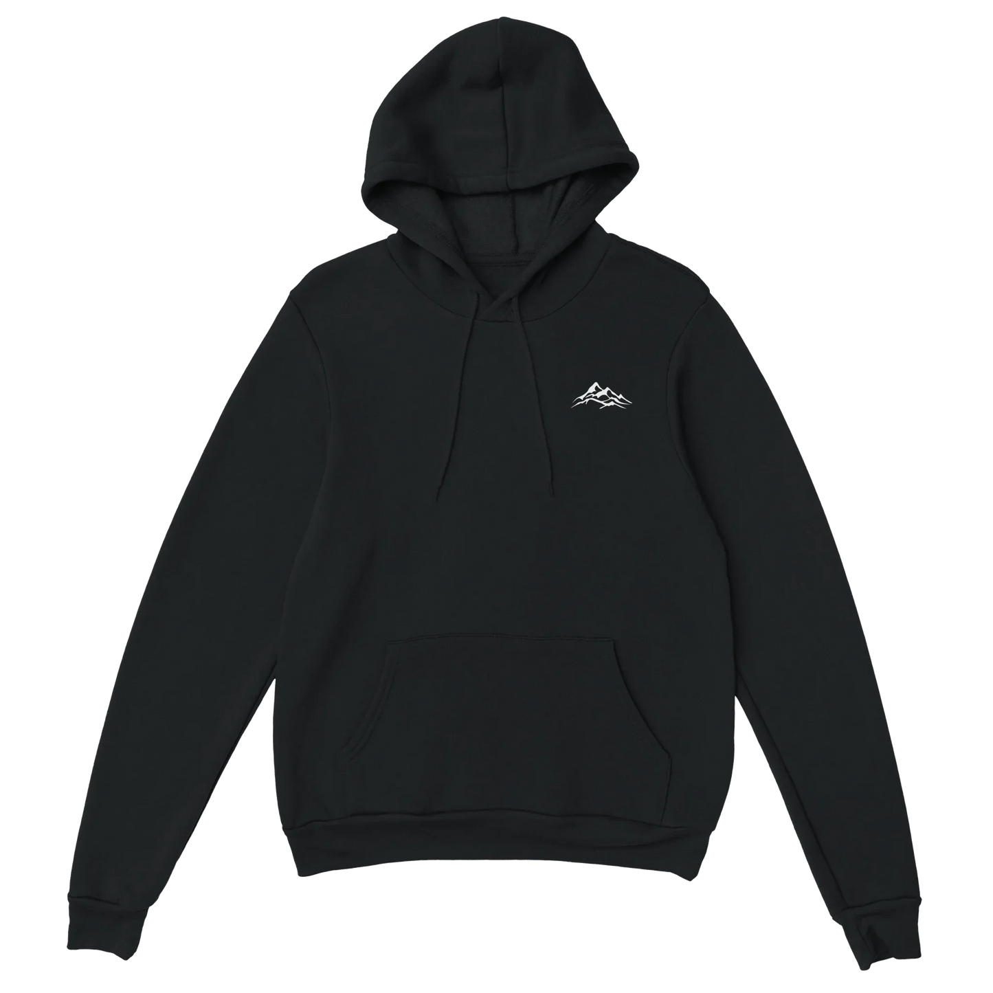 Black unisex hoodie with white mountain graphic, nature-inspired streetwear fashion