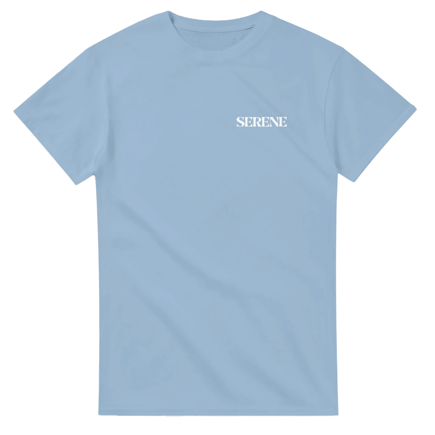 Light blue unisex t-shirt with white 'SERENE' text on chest, minimalist streetwear style