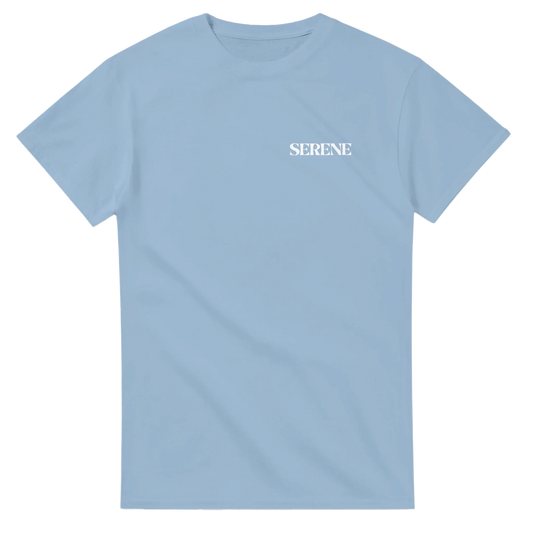 Light blue unisex t-shirt with white 'SERENE' text on chest, minimalist streetwear style