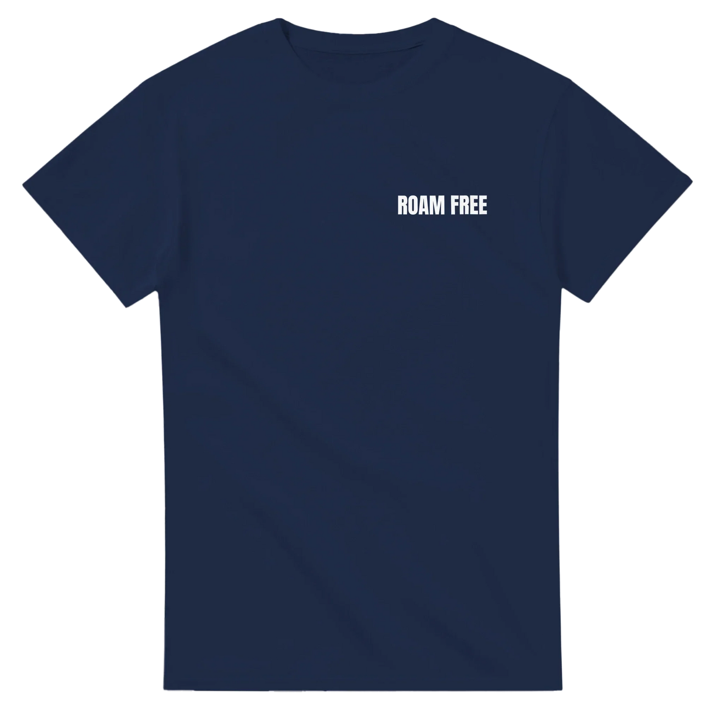 Navy blue unisex t-shirt with 'ROAM FREE' white text on chest, outdoor streetwear style