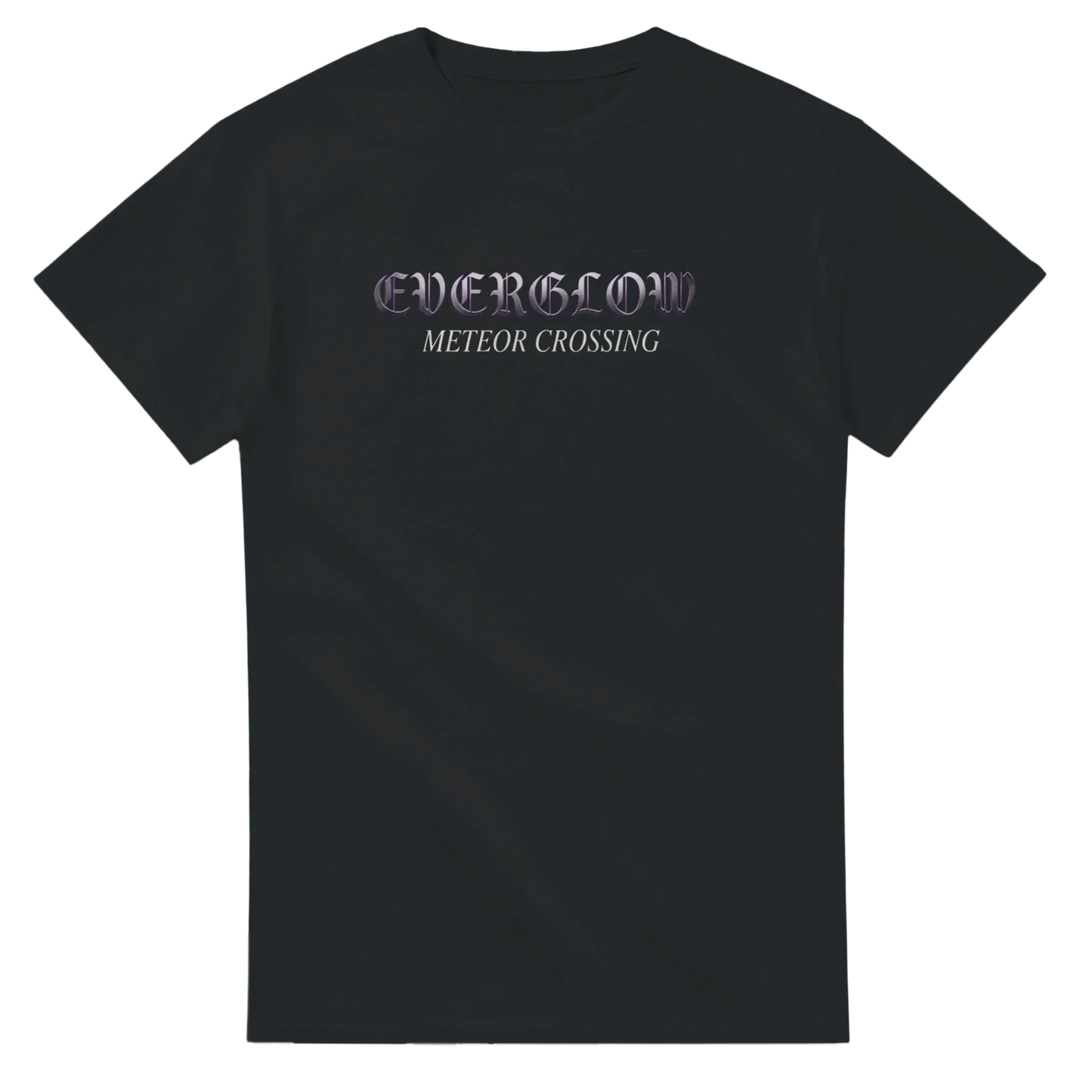 Black unisex streetwear t-shirt with 'EVERGLOW METEOR CROSSING' purple text graphic
