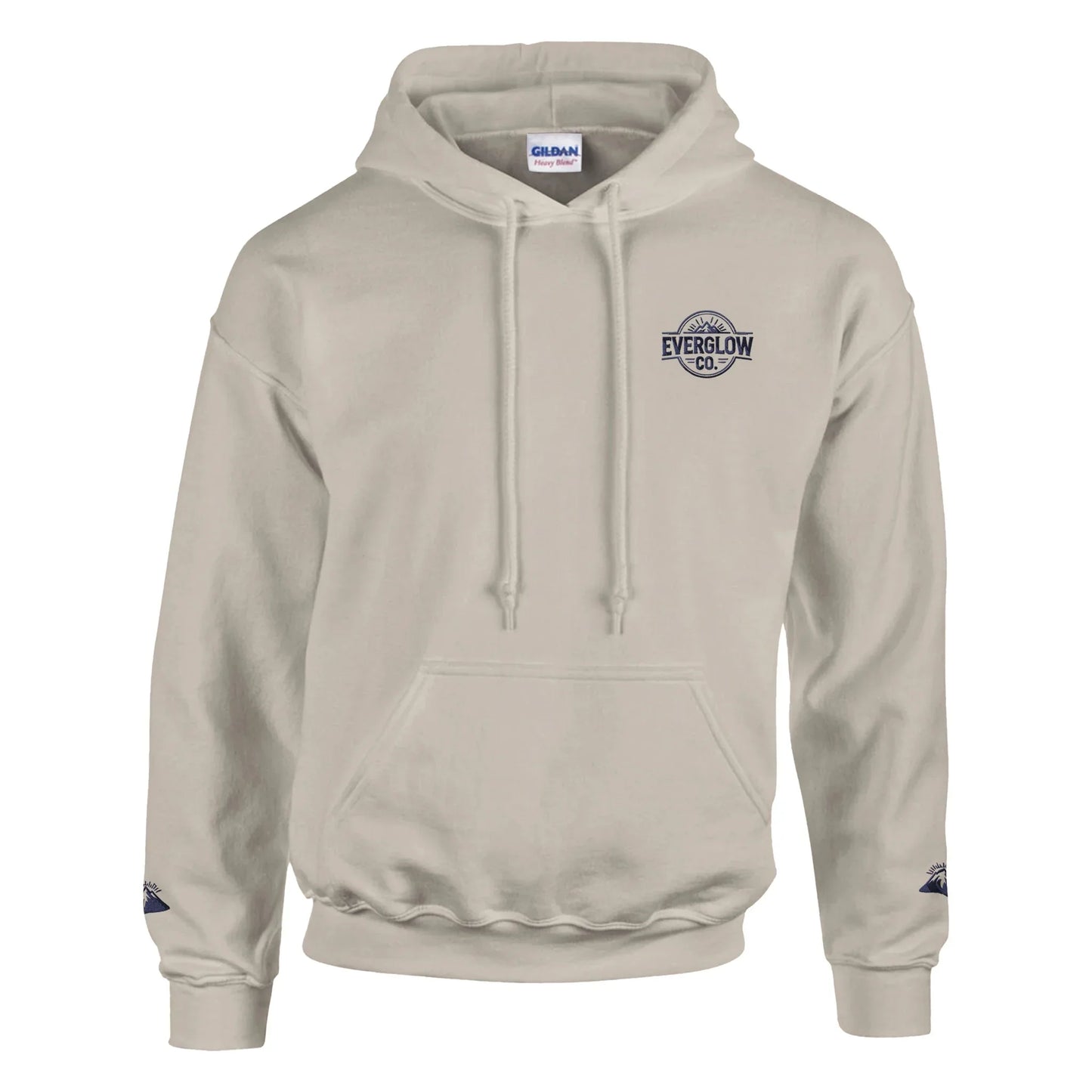 Beige unisex hoodie with mountain nature graphic and front Everglow Co. logo