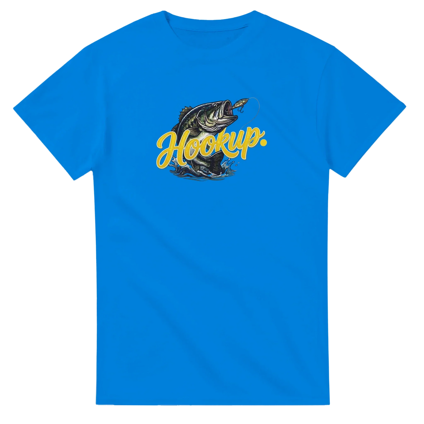 Blue unisex t-shirt with graphic of a leaping fish, fishing lure, and 'Hookup.' text